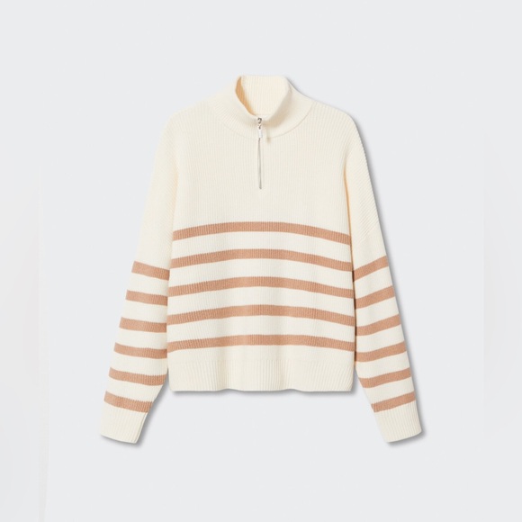 Mango Cream and Tan Striped V-Neck Sweater - Picture 1 of 10